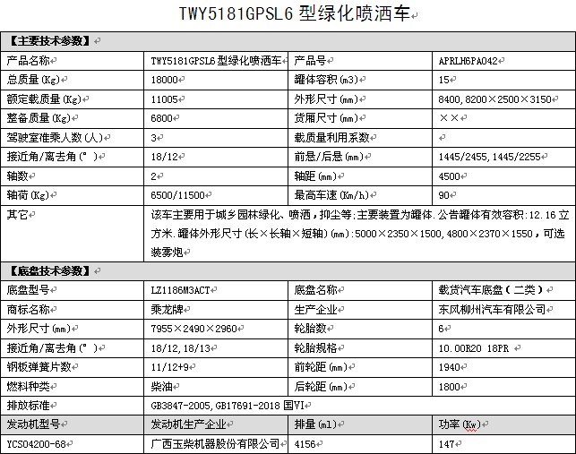國六東風(fēng)柳汽15方灑水車整車技術(shù)參數(shù) 國六東風(fēng)柳汽15方灑水車整車技術(shù)參數(shù)